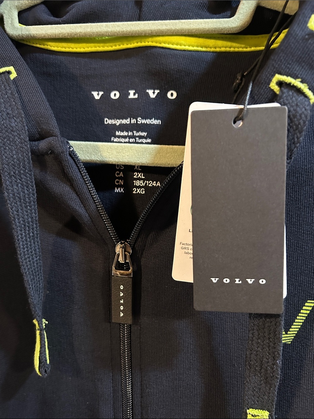 Volvo VNL Men's Navy Zip-Up Windbreaker Hoodie with Neon Yellow Accents - Picture 2 of 11